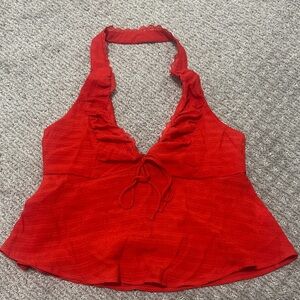 Red Halter Neck Ruffle Tank Top